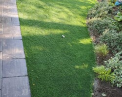 Artificial turf in small lawn are at side of pool